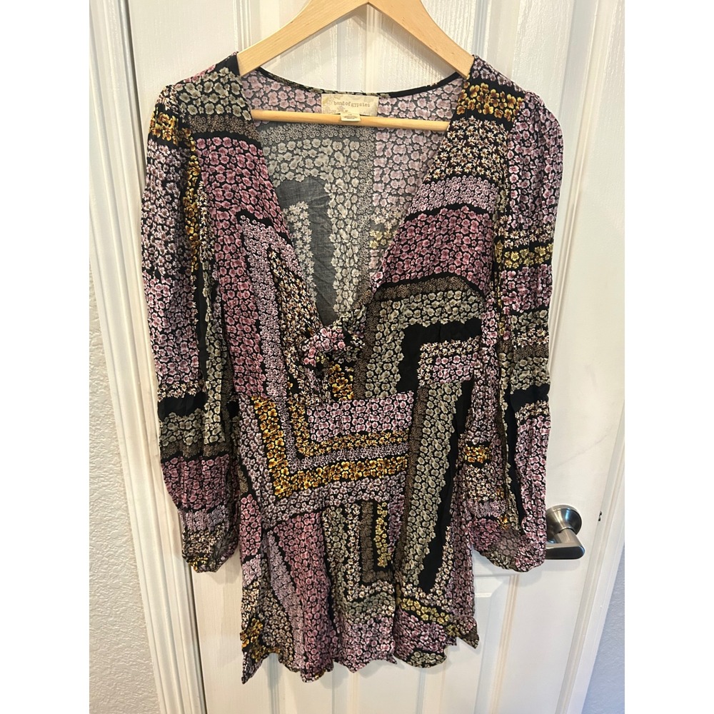 Band of Gypsies Mini Dress‎ Pink Patchwork Floral Tie Front Boho Festival XS